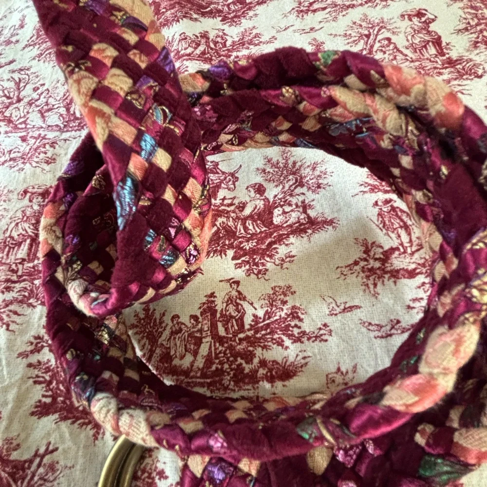 Large Upcycled Woven Boho Tapestry Textiles Belt, Dark Pinks, Double loop buckle